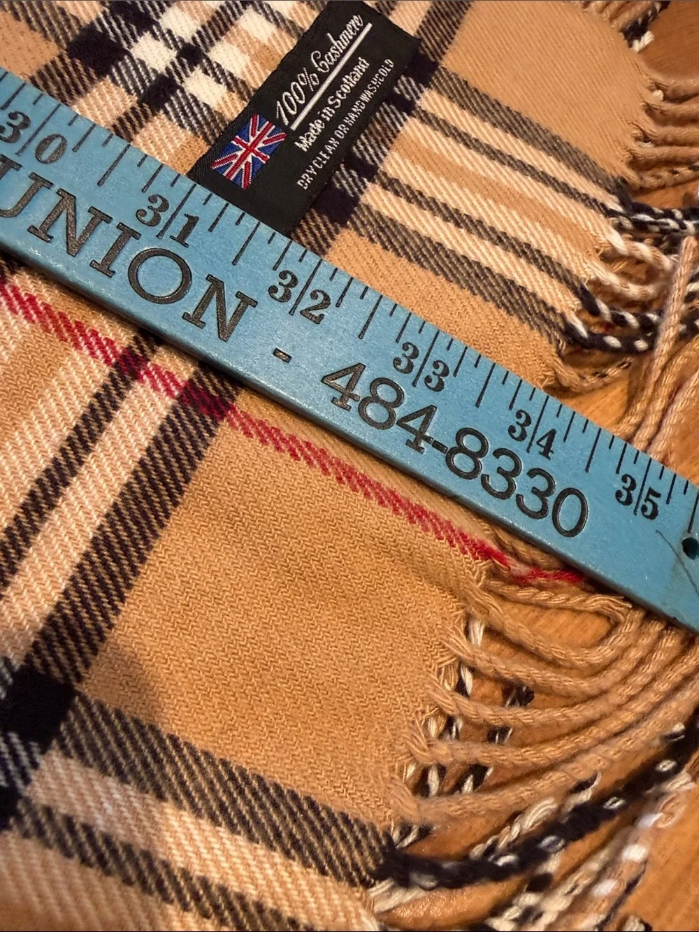 100% Cashmere Scarf Made in Scotland Camel Plaid Fringe Soft 70”